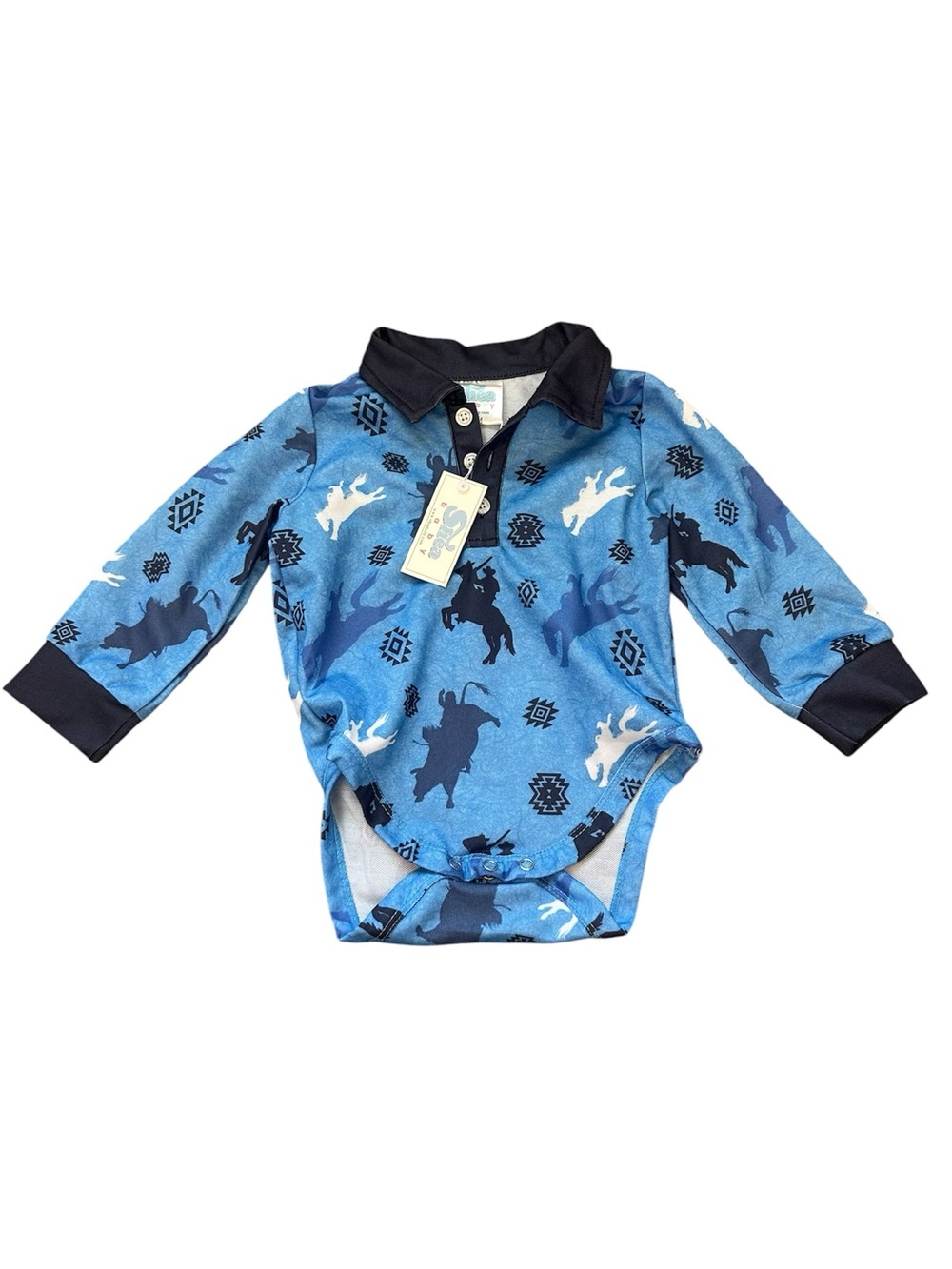 6-12 months Shea Baby Rodeo Cowboy Western Horse Baby Boy Blue Polo Onesie NWT